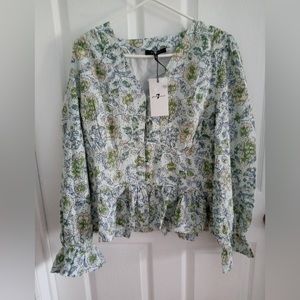 7 For All Mankind women’s Blue Eyelet Cotton Blue Long Sleeve Button Top